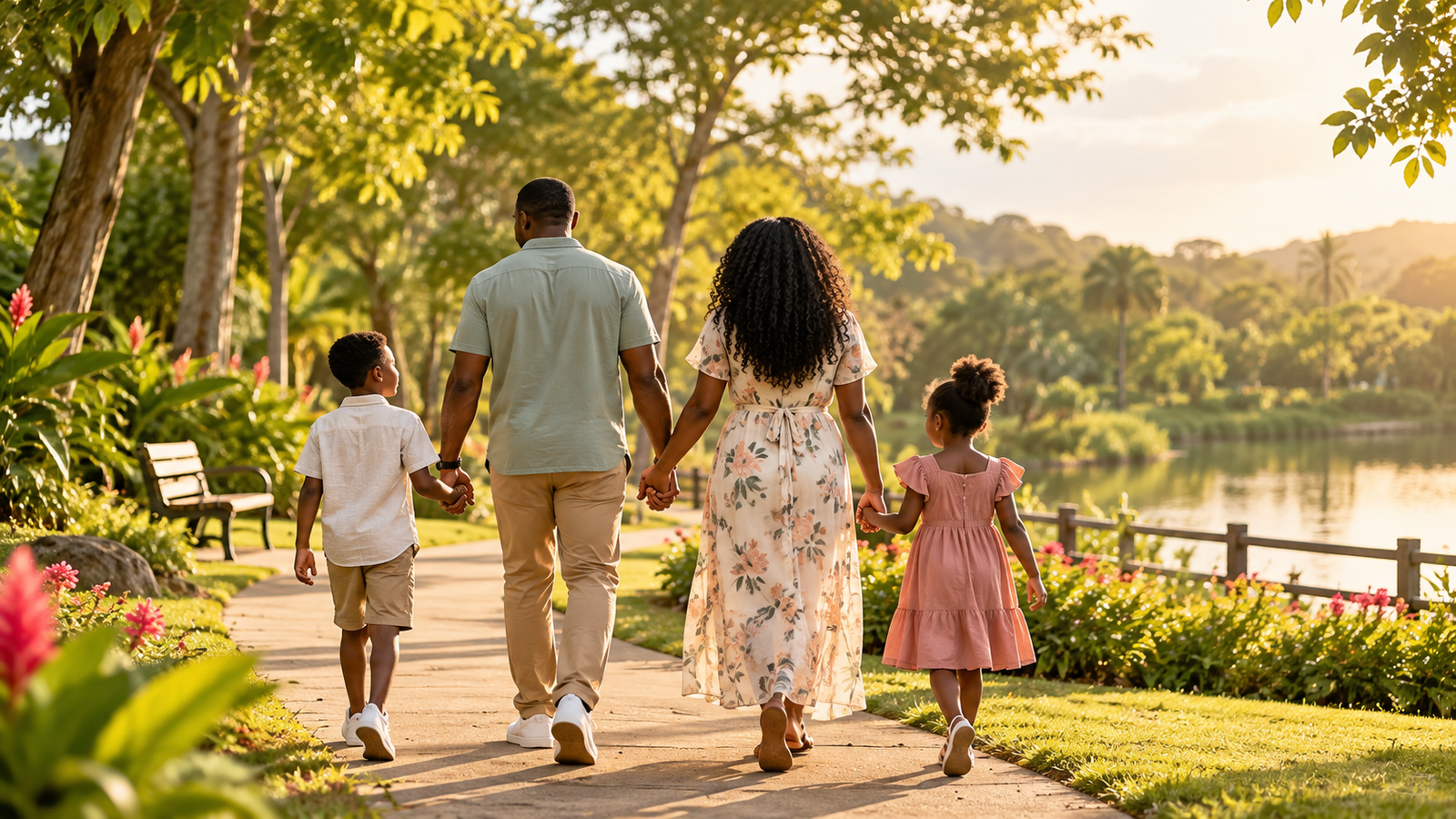 Golden-Hour Family Walk by the Lake