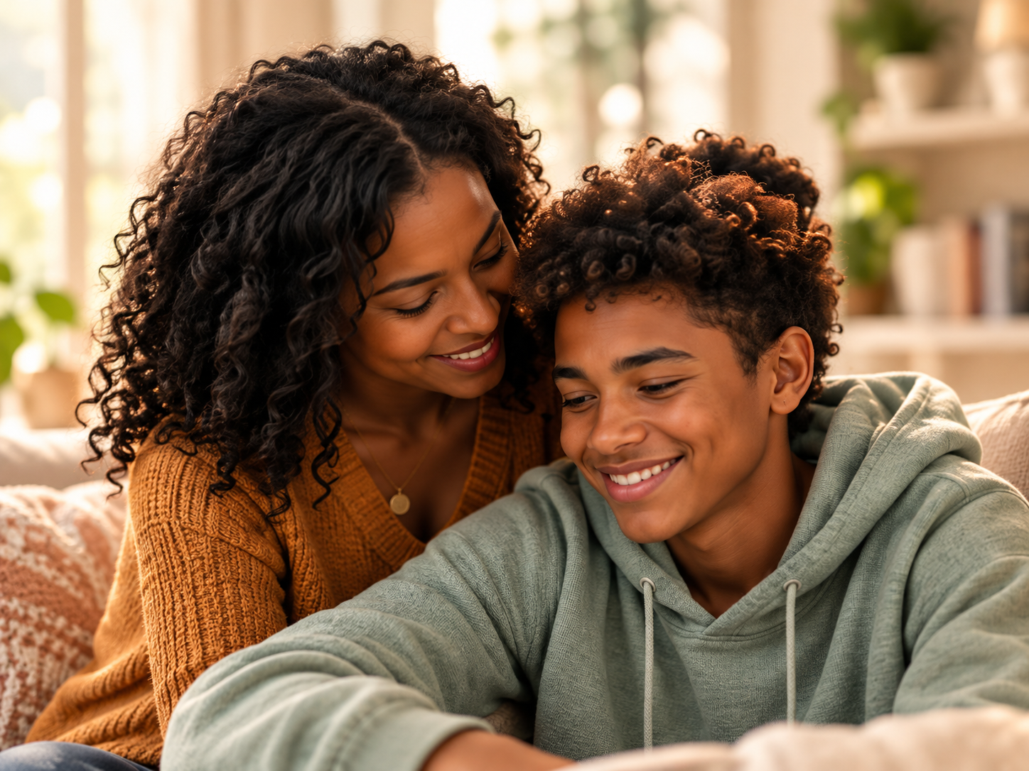 Warm Mother-Son Bond on the Couch