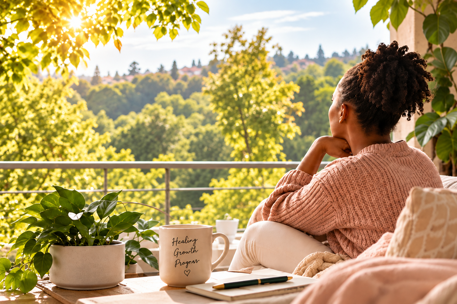 Woman journaling on a sunny balcony blog